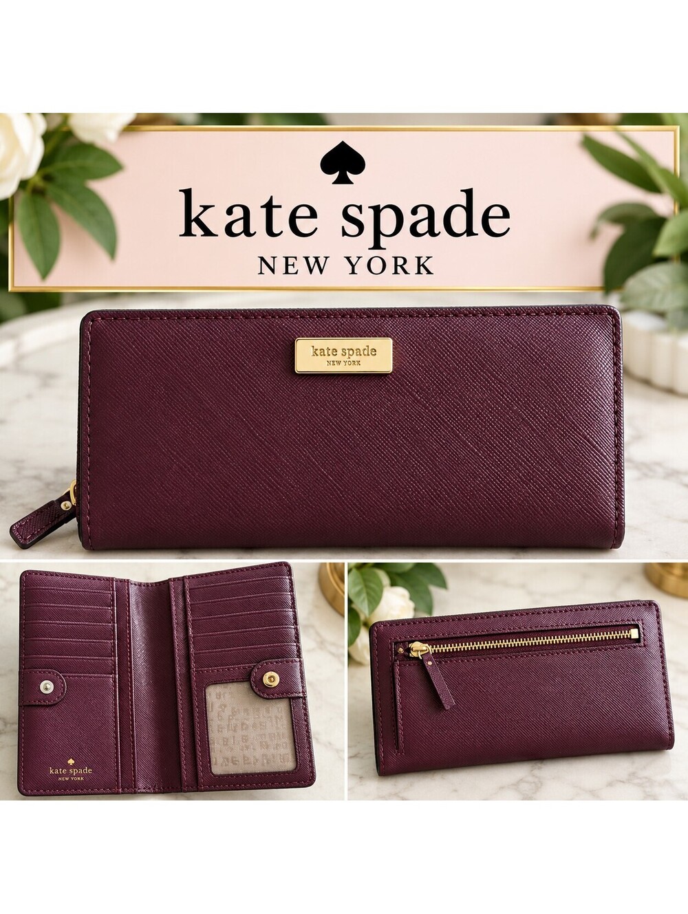 Kate Spade | Medium | Burgundy Leather Wallet with Gold Accents